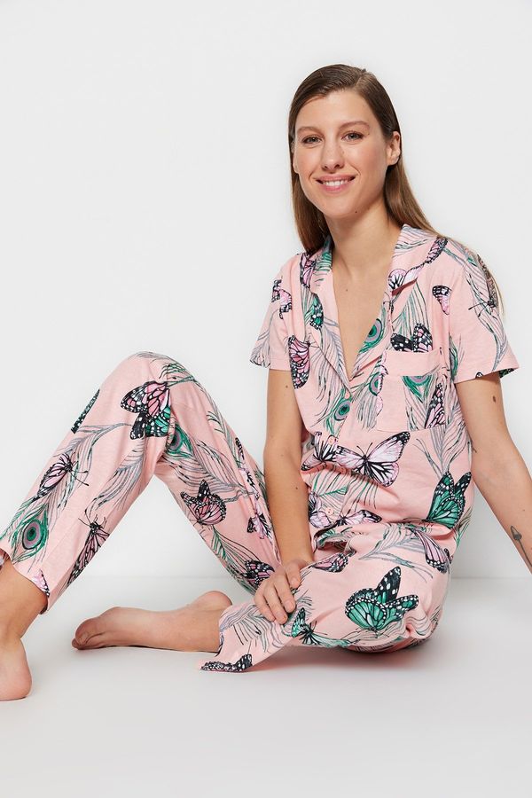 Trendyol Trendyol Pink 100% Cotton Butterfly Patterned Shirt-Pants Knitted Pajama Set