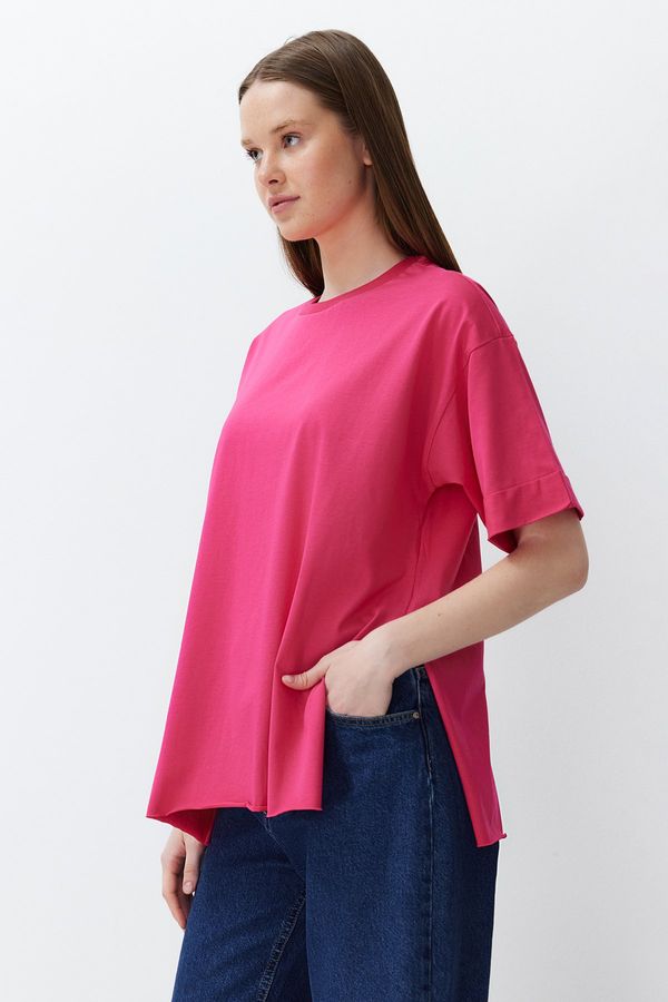 Trendyol Trendyol Pink 100% Cotton Double Sleeve Asymmetrical Boyfriend Knitted T-Shirt