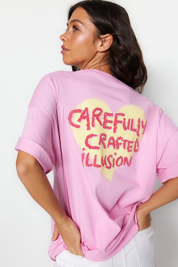 Trendyol Trendyol Pink 100% Cotton Front and Back Embossed Printed Oversized/Wide Knitted T-Shirt