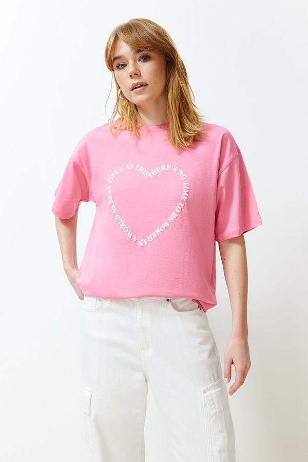 Trendyol Trendyol Pink 100% Cotton Heart Motto Printed Oversize/Casual Fit Knitted T-Shirt