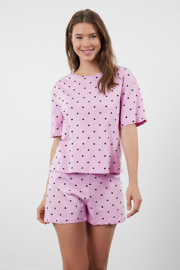 Trendyol Trendyol Pink 100% Cotton Heart Patterned T-shirt-Shorts Knitted Pajama Set