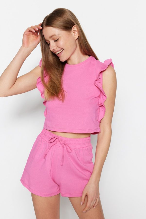 Trendyol Trendyol Pink 100% Cotton Ruffled T-shirt-Shorts, Knitted Pajamas Set