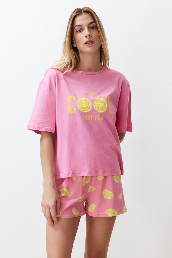 Trendyol Trendyol Pink 100% Cotton Slogan Fruit Printed Knitted Pajamas Set