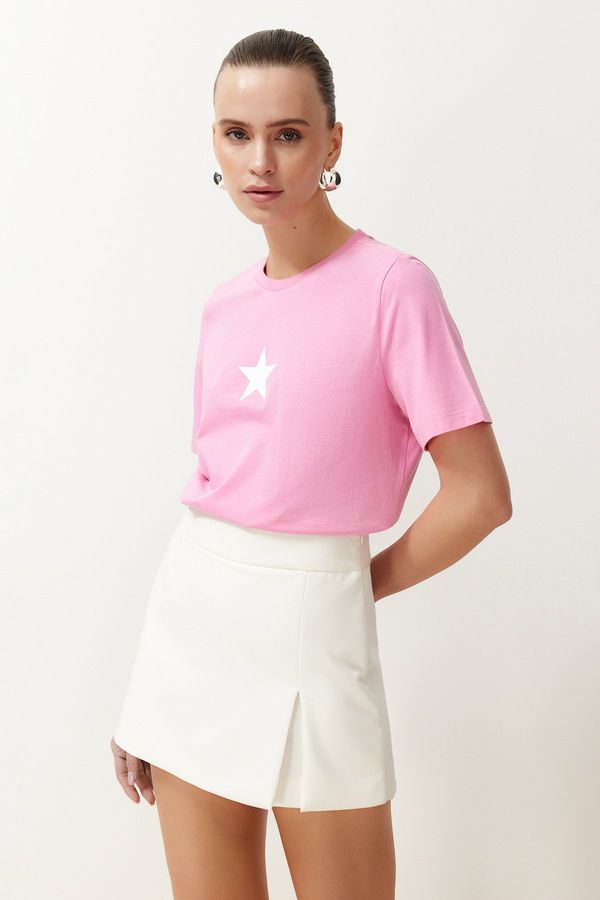 Trendyol Trendyol Pink 100% Cotton Star Printed Regular/Normal Pattern Crew Neck Knitted T-Shirt