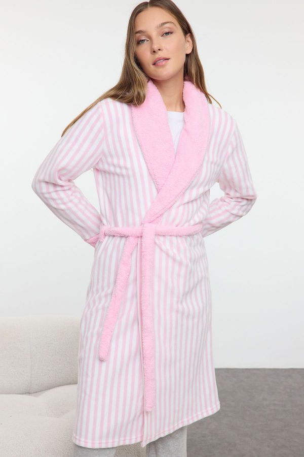 Trendyol Trendyol Pink 100% Polyester Striped Polar Fleece Knitted Dressing Gown