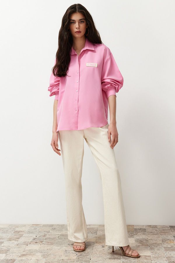 Trendyol Trendyol Pink Balloon Sleeve Label Detailed Oversize Wide Fit Woven Shirt