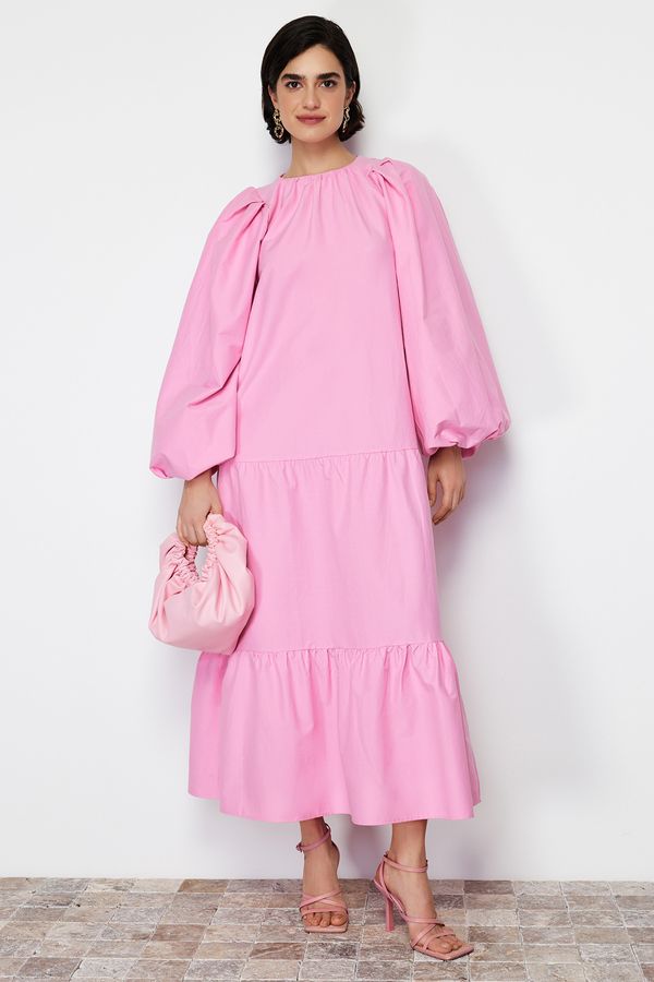 Trendyol Trendyol Pink Balloon Sleeve Skirt Layered Cotton Woven Dress
