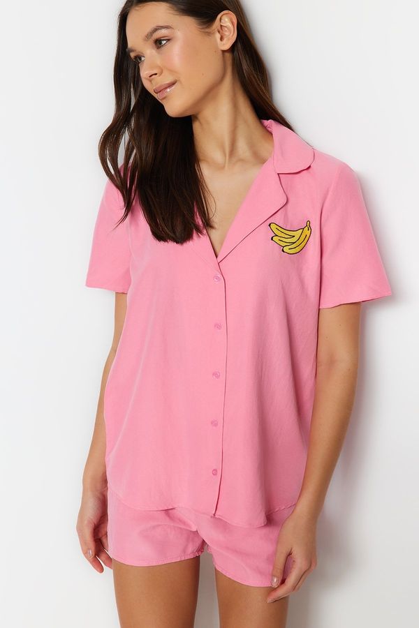 Trendyol Trendyol Pink Banana Embroidered Shirt-Shorts Woven Pajama Set