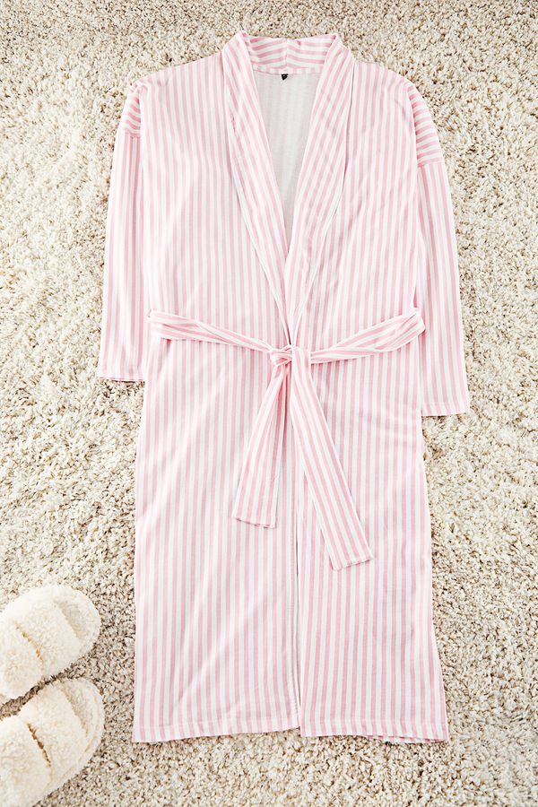 Trendyol Trendyol Pink Belted 100% Cotton Striped Knitted Dressing Gown