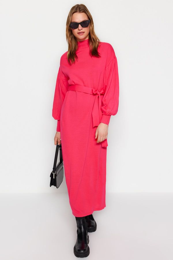 Trendyol Trendyol Pink Belted Half Turtleneck Knitwear Dress