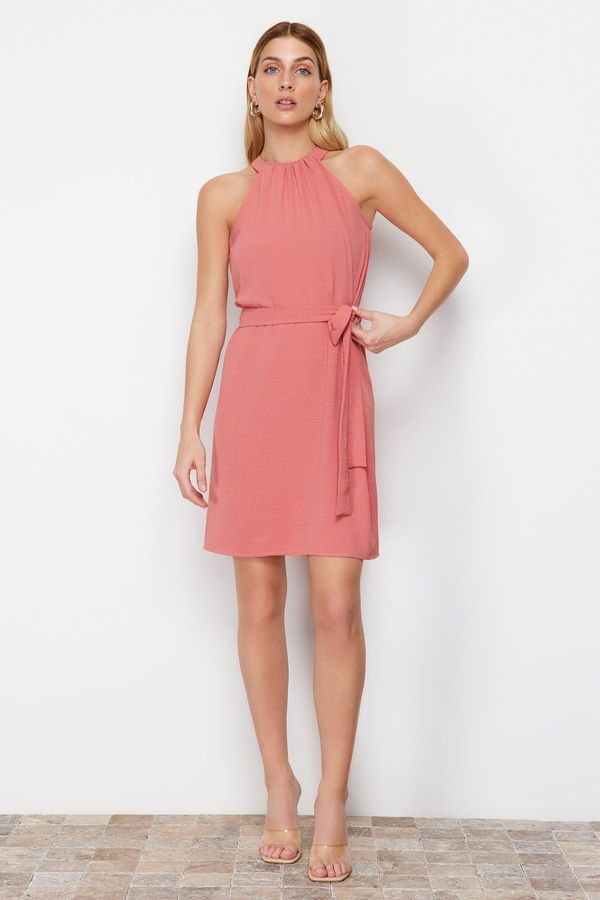 Trendyol Trendyol Pink Belted Plain Fit Halter Neck Aerobin Woven Mini Dress