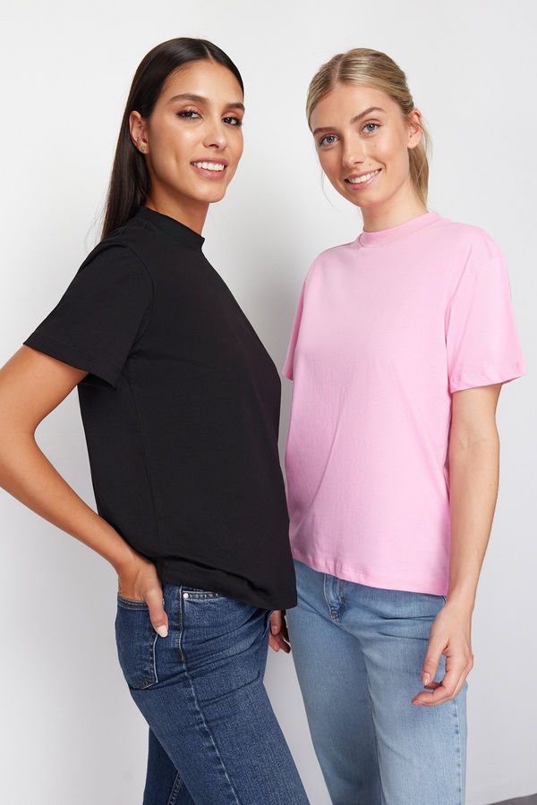 Trendyol Trendyol Pink-Black 2-Pack 100% Cotton Basic High Neck Knitted T-Shirt