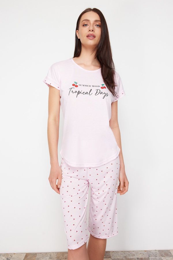 Trendyol Trendyol Pink Cherry Patterned Slogan Printed Capri Knitted Pajamas Set