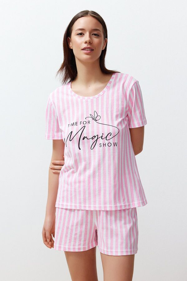 Trendyol Trendyol Pink Cotton Motto Printed Striped Knitted Pajamas Set