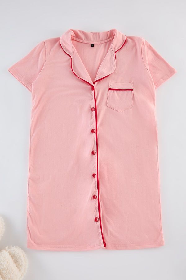 Trendyol Trendyol Pink Cotton Piping Detailed Knitted Nightshirt