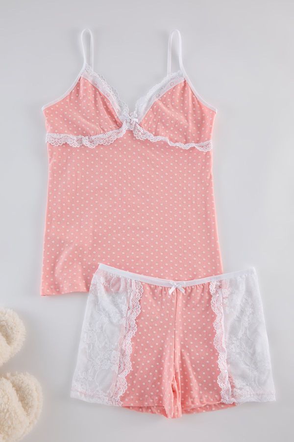 Trendyol Trendyol Pink Cotton Polka Dot Lace and Ribbon/Bow Detailed Knitted Pajama Set