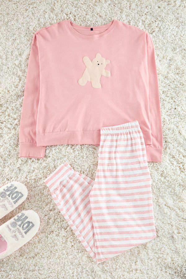 Trendyol Trendyol Pink Cotton Teddy Bear Printed Striped T-shirt-Jogger Knitted Pajama Set