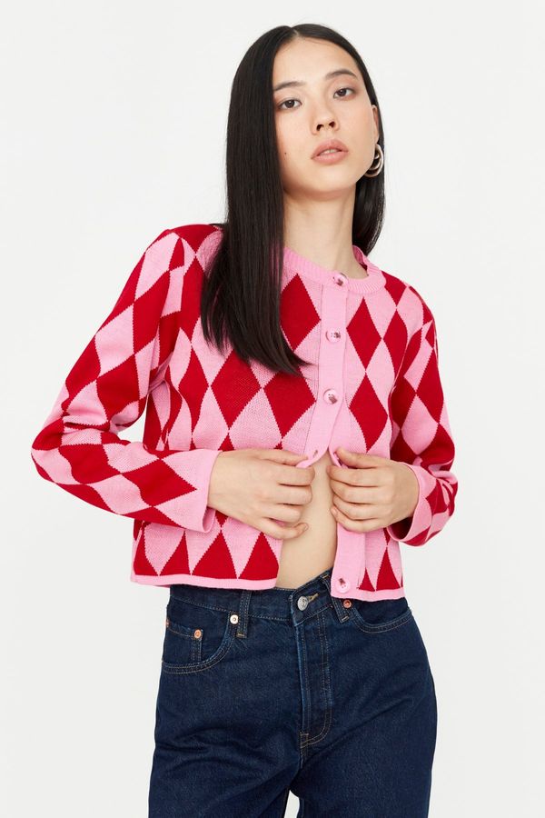 Trendyol Trendyol Pink Crop Patterned/Jacquard Jacket Look Knitwear Cardigan