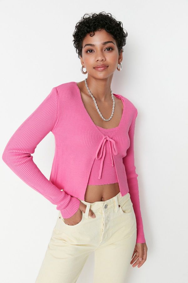 Trendyol Trendyol Pink Crop Tie Detailed Blouse-cardigan Knitwear Set Knitwear Cardigan