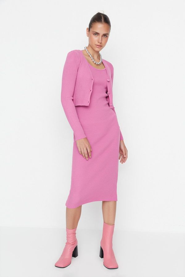 Trendyol Trendyol Pink Fitted Midi Knitwear Cardigan Dress Set