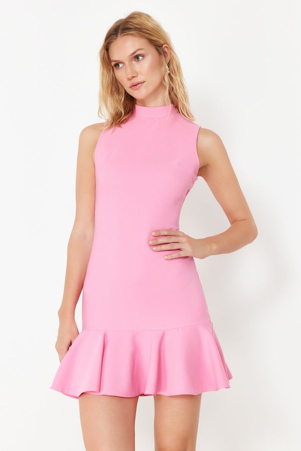 Trendyol Trendyol Pink Fitted Skirt Flounce Stand Collar Mini Sleeveless Woven Dress