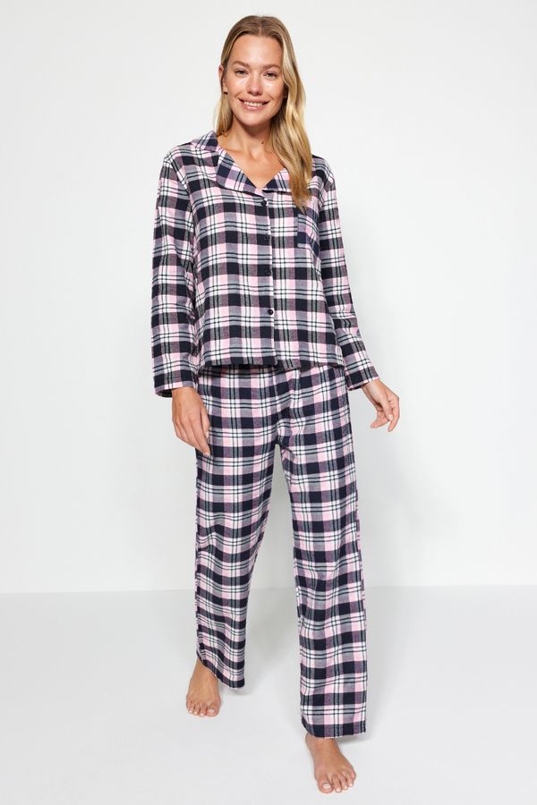 Trendyol Trendyol Pink Flannel Checked Shirt-Pants Weave Pajamas Set