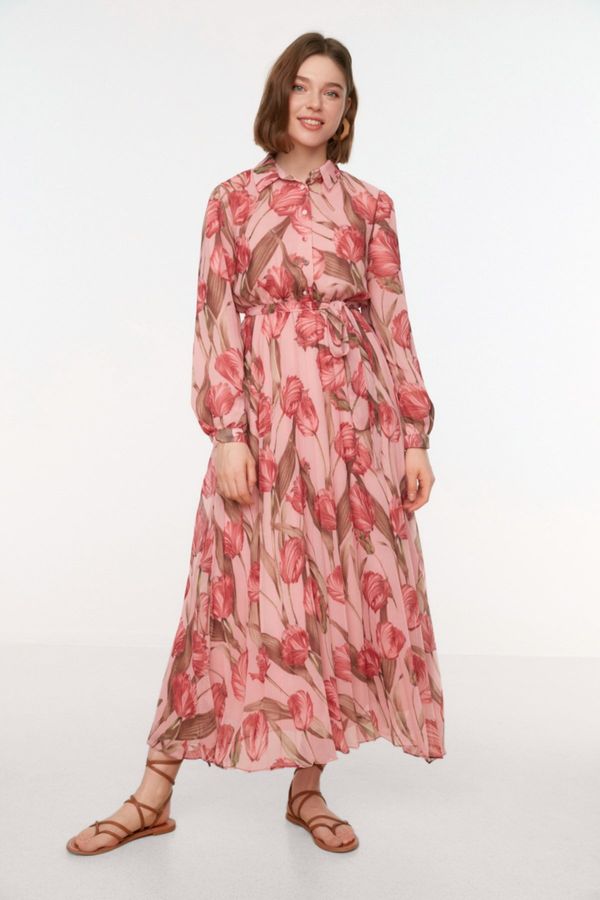 Trendyol Trendyol Pink Floral Pattern Shirt Collar Belted Lined Chiffon Woven Dress