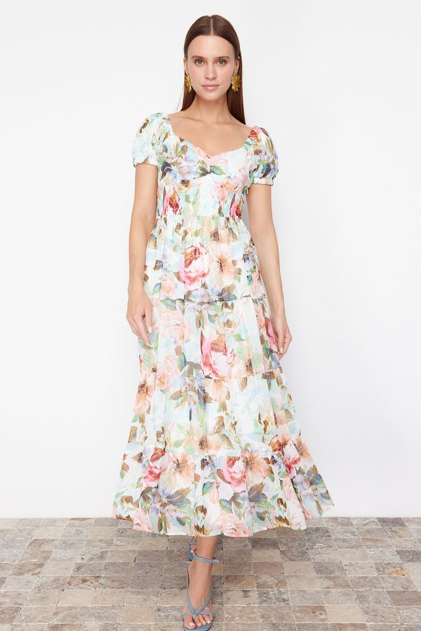 Trendyol Trendyol Pink Floral Patterned A-Line Gipe Detailed Maxi Lined Chiffon Woven Dress
