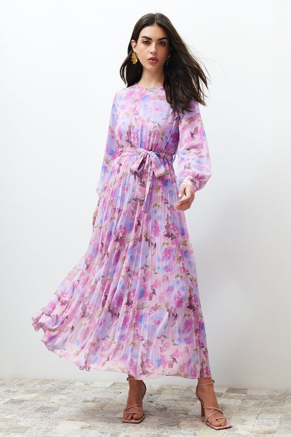 Trendyol Trendyol Pink Floral Sash Detailed Lined Pleated Chiffon Woven Dress