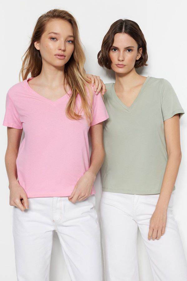 Trendyol Trendyol Pink-Mint 100% Cotton 2-Pack Basic V-Neck Knitted T-Shirt
