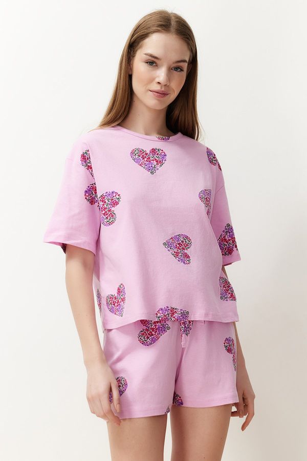 Trendyol Trendyol Pink-Multicolor 100% Cotton Heart Knitted Pajamas Set