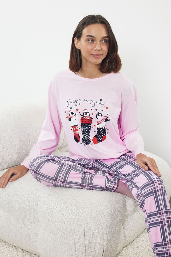 Trendyol Trendyol Pink-Multicolored 100% Cotton Christmas Themed Plaid Knitted Pajama Set