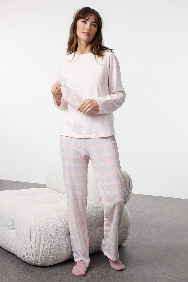 Trendyol Trendyol Pink-Multicolored Cotton Plaid Sleep Band Knitted Pajama Set