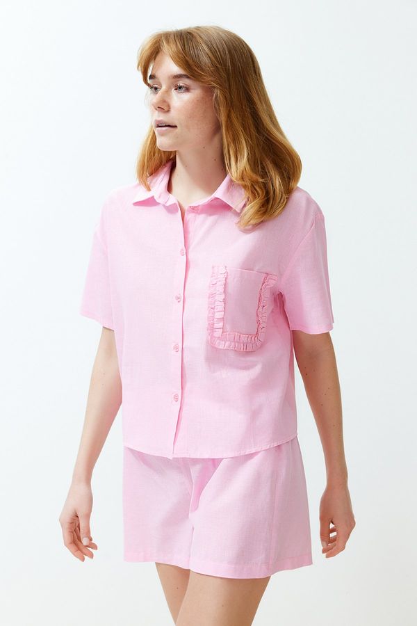 Trendyol Trendyol Pink Pocket Ruffle Detail Woven Pajamas Set