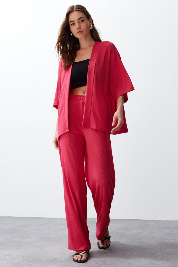 Trendyol Trendyol Pink Relaxed/Comfortable Cut Kimono Knitted Top and Bottom Set