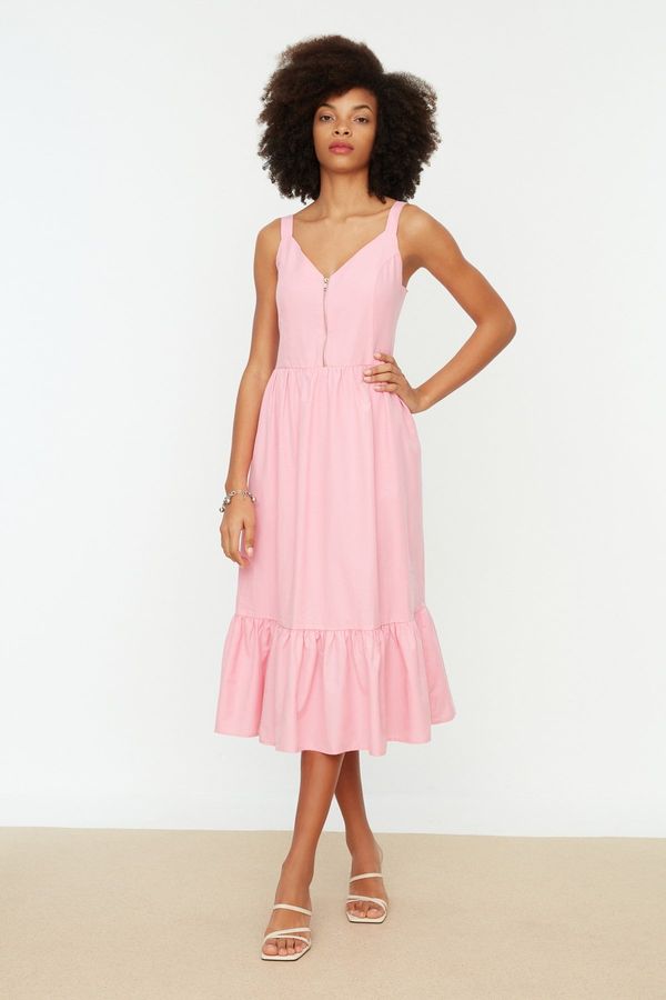 Trendyol Trendyol Pink Skater/Waist Opening Zipper Detail Midi Lined Woven Dress