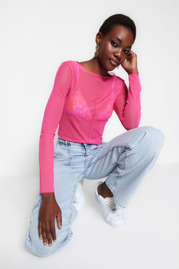 Trendyol Trendyol Pink Stitch Detail Fitted/Situated Crew Neck Crop Tulle Elastic Knitted Blouse