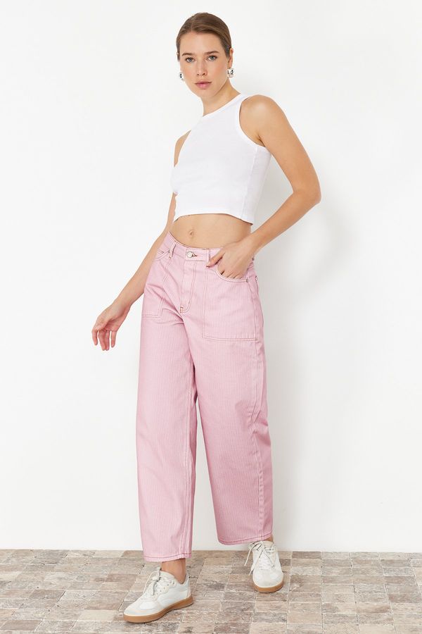 Trendyol Trendyol Pink Striped High Waist Barrel Jeans
