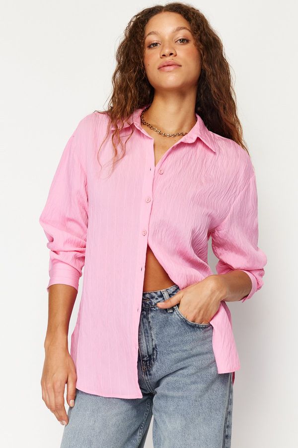 Trendyol Trendyol Pink Striped Oversize Wide Fit Textured Woven Shirt