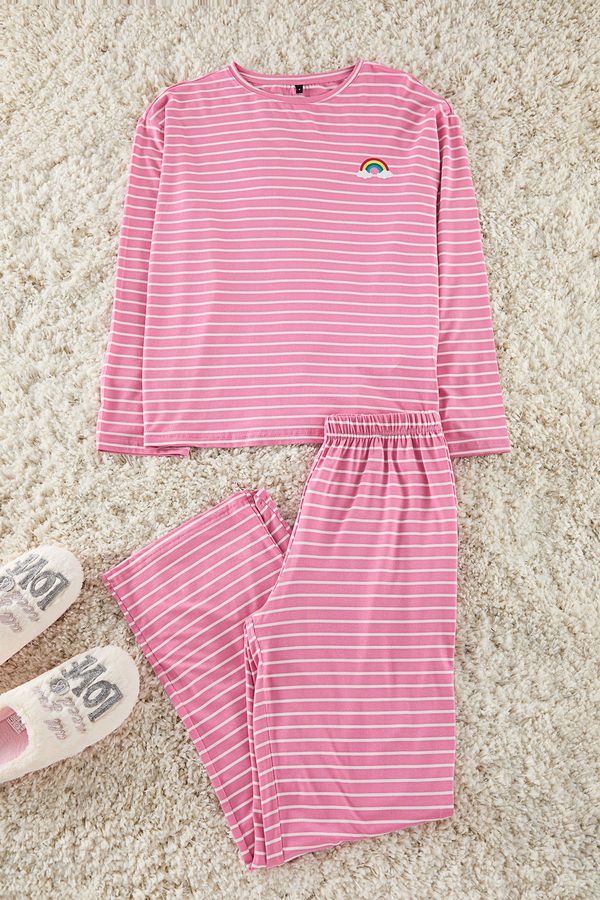 Trendyol Trendyol Pink Striped Rainbow Printed Viscose Knitted Pajama Set