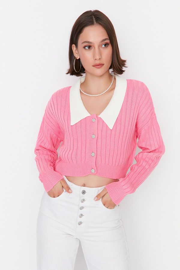 Trendyol Trendyol Pink Super Crop Shirt Collar Garnished Knitwear Cardigan