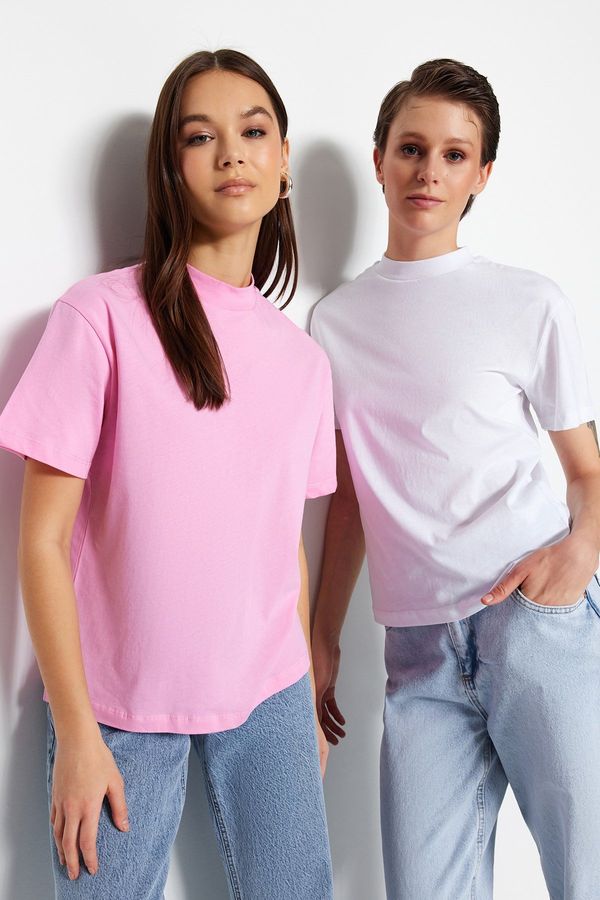 Trendyol Trendyol Pink-White 2-Pack 100% Cotton Basic Stand-Up Collar Knitted T-Shirt