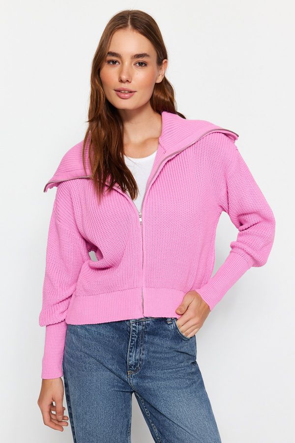 Trendyol Trendyol Pink Wide Pattern Turn-down Collar Zippered Knitwear Cardigan