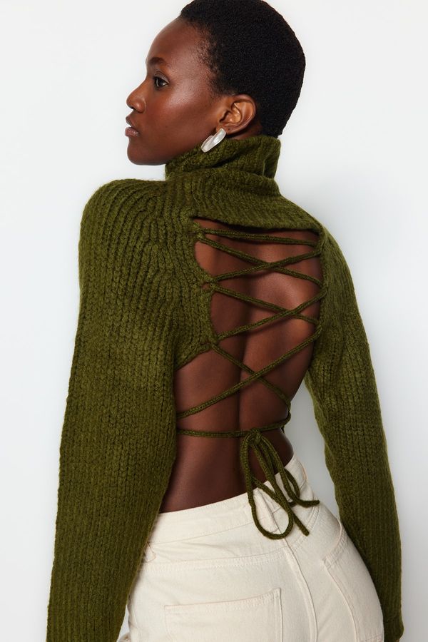Trendyol Trendyol Pistachio Green Super Crop Soft Textured Back Tie Detail Knitwear Sweater