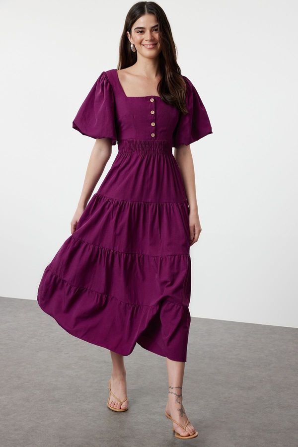 Trendyol Trendyol Plum Waist Waist and Back Detailed Square Neck Maxi Woven Dress