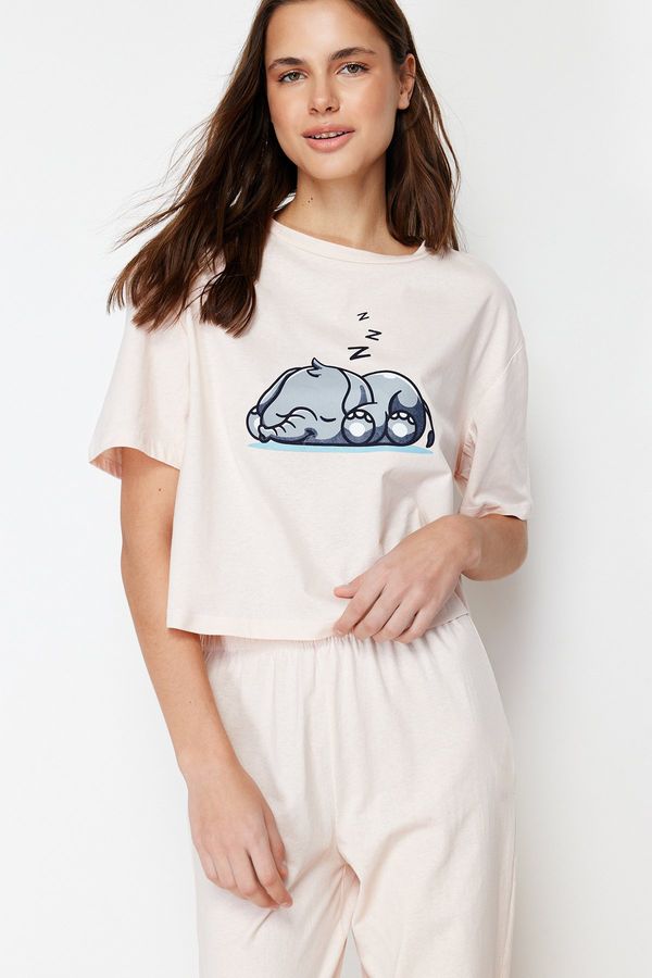 Trendyol Trendyol Powder 100% Cotton Elephant Printed Knitted Pajamas Set