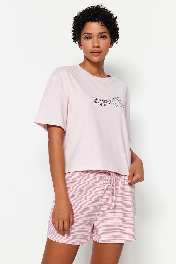Trendyol Trendyol Powder Striped Motto Printed Cotton T-shirt-Shorts Knitted Pajamas Set