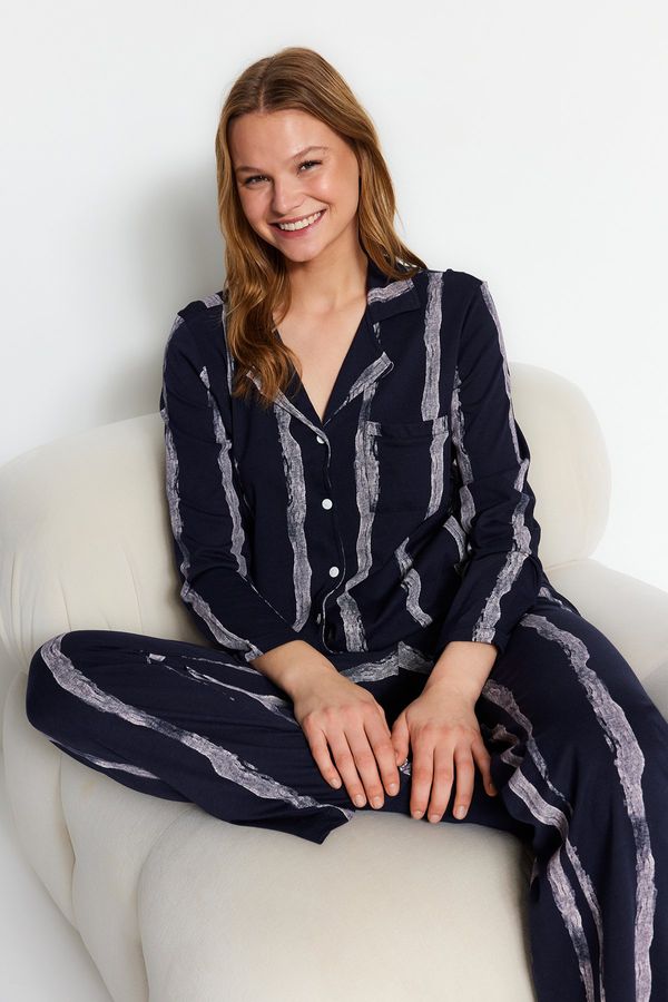 Trendyol Trendyol Premium Navy Blue Cotton Striped Shirt-Pants Knitted Pajamas Set