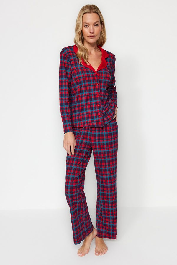 Trendyol Trendyol Premium Red 100% Cotton Plaid Shirt-Pants Knitted Pajamas Set