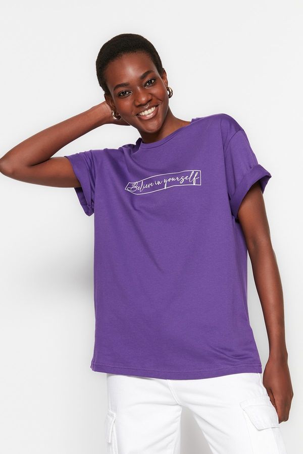 Trendyol Trendyol Purple 100% Cotton Printed Boyfriend Crew Neck Knitted T-Shirt